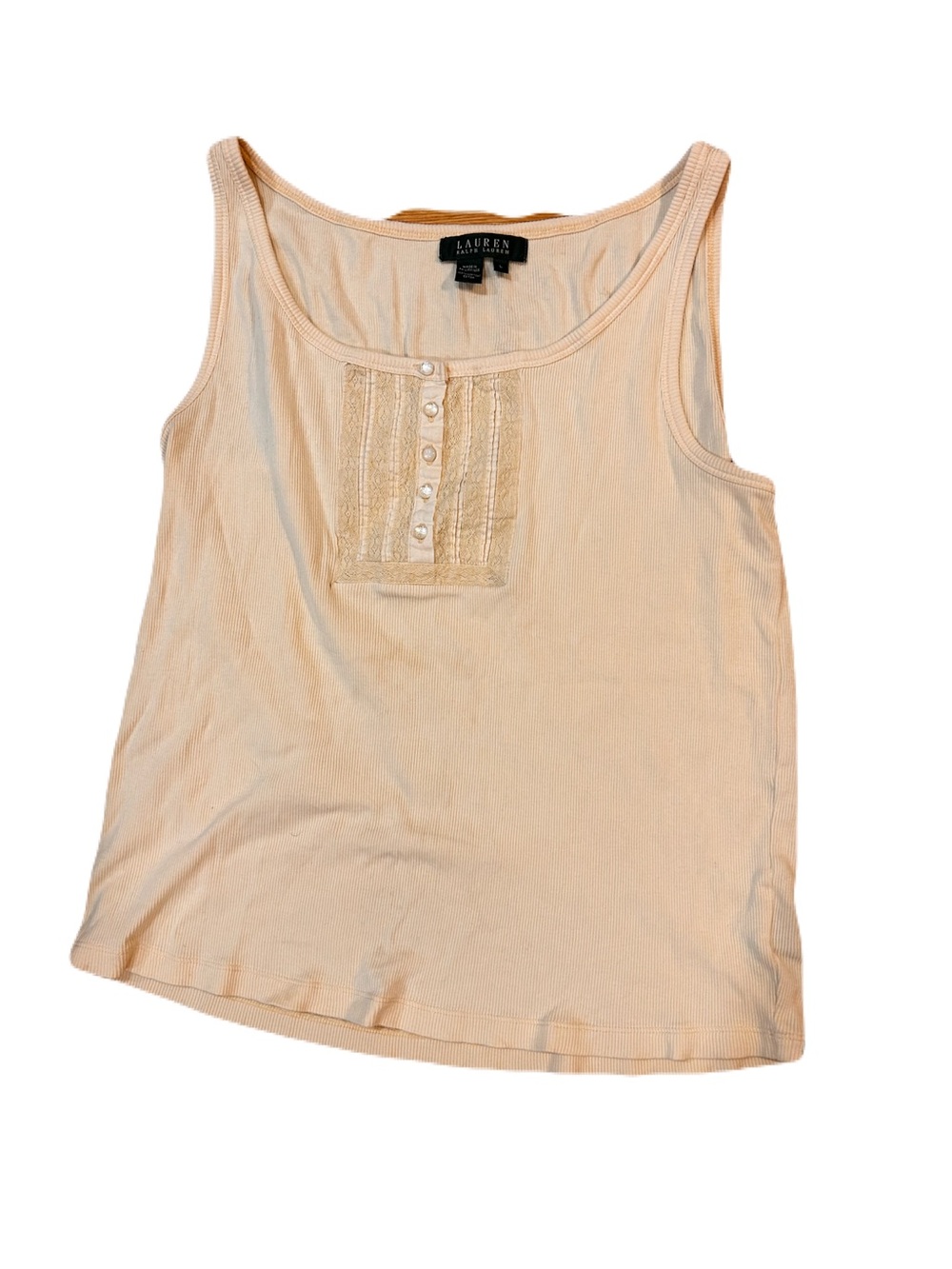 Y2K Lauren By Ralph Lauren Beige Lace-Trim Ribbed Henley Tank